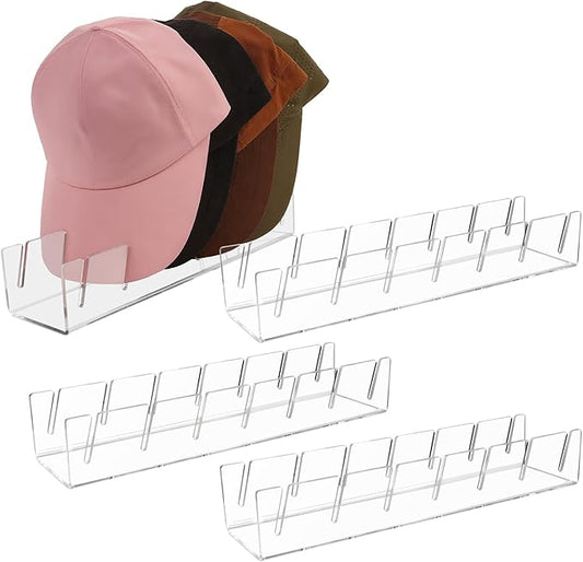 Clear Acrylic Hat Stand for Baseball Caps – 28-Cap Easy Setup Organizer for Bedroom, Closet, Dresser, Countertop, Display and Storage for Baseball Caps, Sports Hats, and Collectibles (4-Pack)