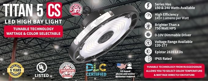 RuggedGrade 240W - Titan VI Series LED High Bay Light UFO with Motion Sensor - 39,600 Lumens - Color Selectable on Fixture 3000K/4000K/5000K - Warehouse, Multisport Gyms & Workshops - DLC 5.1 Premium