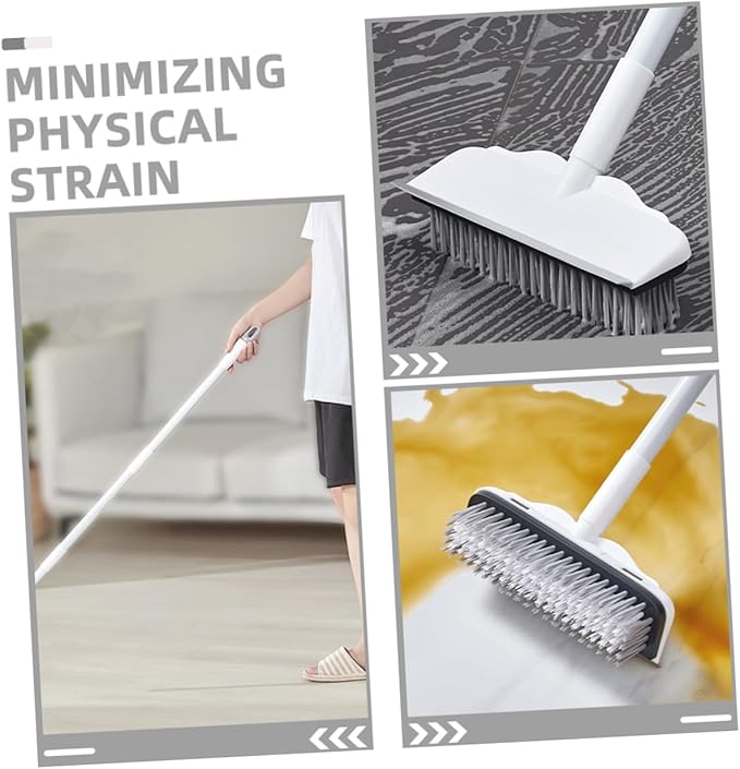 Long Handle Floor Scrub Brush with Squeegee Multi-Functional Bathroom and Tile Cleaning Tool Heavy Duty Hard Bristles for Efficient Scrubbing and Water Removal for Home Use