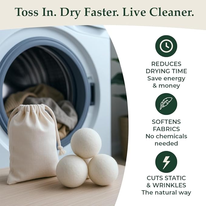 Premium XL Wool Dryer Balls - 6 - Pack 100% New Zealand Wool, Reusable Fabric Softener for 1000+ Loads | Eco-Friendly and Chemical-Free | Reduces Wrinkles and Drying Time - White