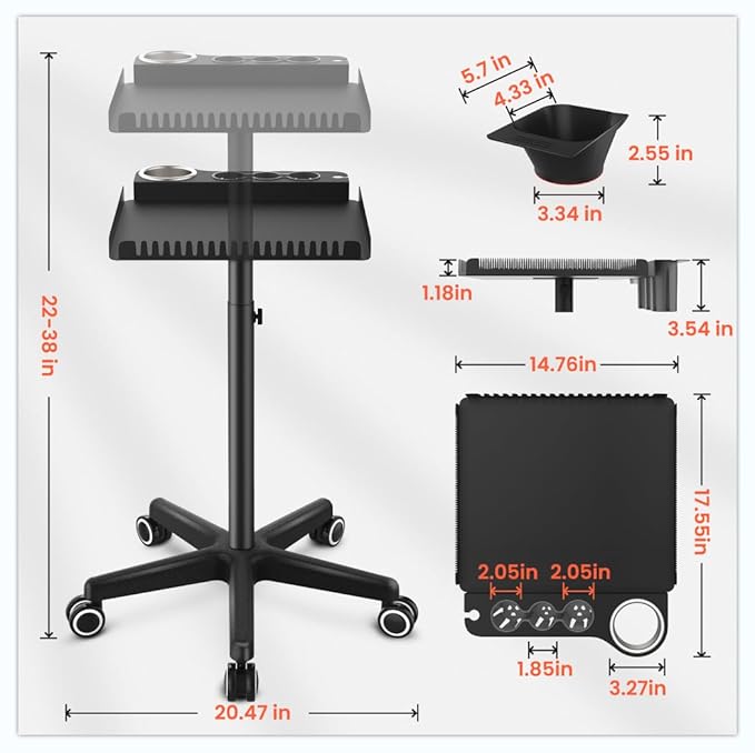 TASALON Black Salon Rolling Tray Cart on Wheels, Portable Braiding Hair Rack with Magnetic Hair Dye Bowls, Heat-Resistant Tool Rack for Salon Storage, Rolling Tool Cart & Hairstylist Station Organizer