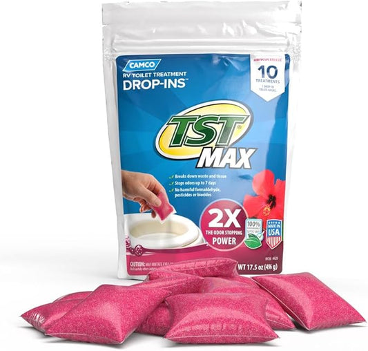 Camco TST MAX RV Toilet Treatment Drop-INs - Control Unwanted Odors and Break Down Waste and Tissue - Septic Tank Safe - Hibiscus Breeze Scent - 10-pack (41603)