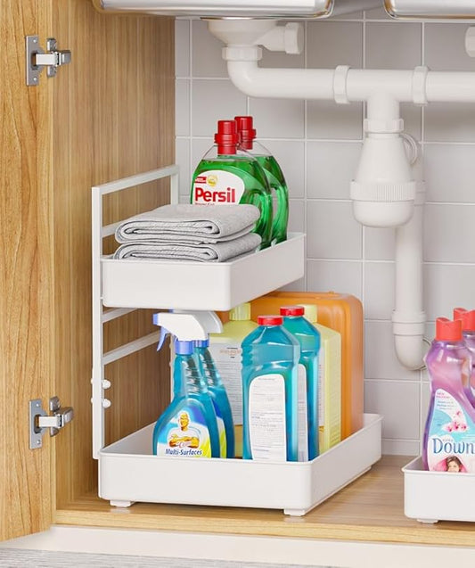 Metal Pull Out Slide Shelf Organizer for Framed or Frameless Under Sink Cabinets, Kitchen, Bathroom, Counter (White, 1 Set)