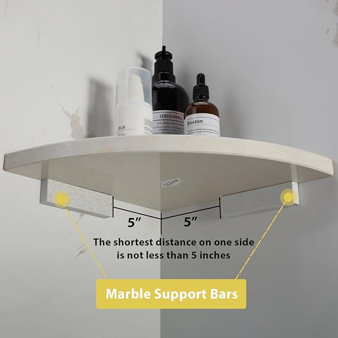 Koville Italian Marble Corner Shower Shelf for Bathroom, 10'' Marble Corner Shelves for Bath, Wall Mounted Stone Shower Caddy, No Drilling Adhesive Shower Shelf - Sahara Sand (2-Layer)