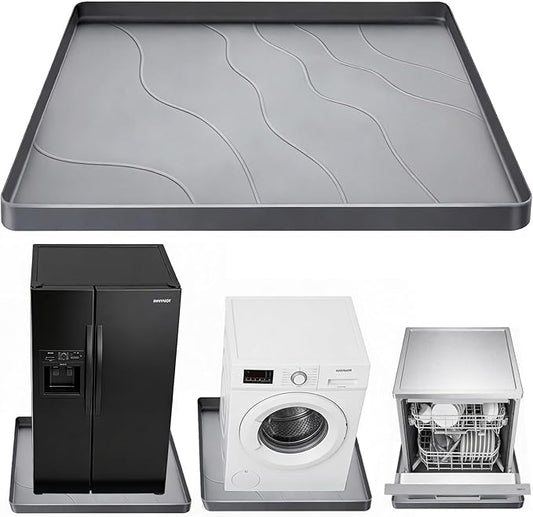 27×27×0.79inch Washing Machine Pan, With Raised Edge Washer Drip Tray, Drain Pan Silicone Mat, Foldable Portable Anti-Vibration Non-Slip Waterproof Pad, Textured Surface (Grey)