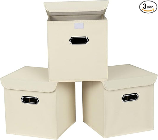 Closet Organizers Fabric Storage Bins With Lids Collapsible Cube Storages Organizer Basket With Handles,Storage Boxes for Clothes Storage,Office,Toys,3 Pack,（Creamy-White