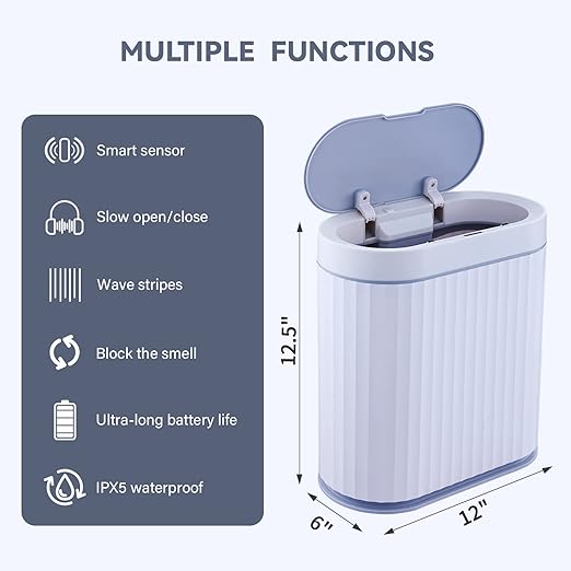 ELPHECO Bathroom Trash Can with lid - 2.5 Gallon Waterproof Sensor Trash Bin, 10 Liter Motion Sensor Trash Can, Slim Garbage Bin Bathroom Decor White with Grey Trim