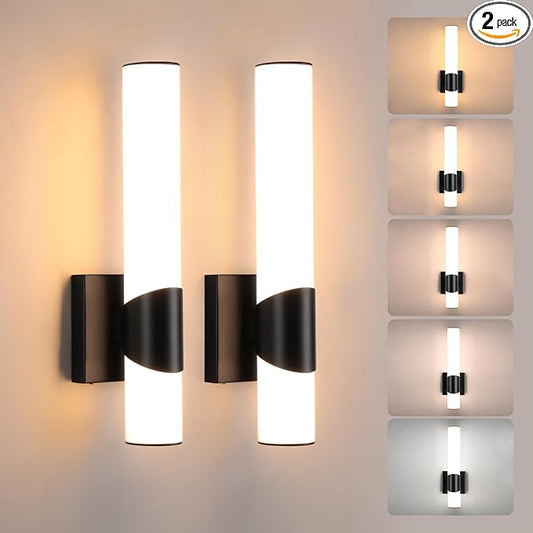 Black Wall Sconces Set of Two 15 inch 5CCT Dimmable Bathroom Sconce with Acrylic Shade LED Hardwired Wall Light Fixtures for Bathroom Living Room Bedroom Hallway, 2 Pack