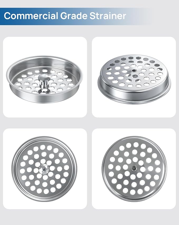 3 PCS Commercial Kitchen Sink Strainer Basket Replacement for 3-1/2 sink drain assembly–304 Stainless Steel Drain Filter, Flat Cover Basket for Food Scraps, Prevents Clogs, Heavy-Duty