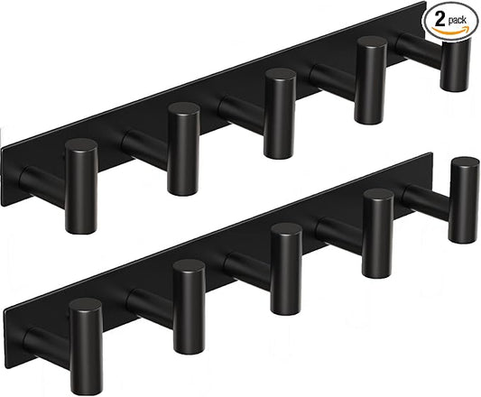 Coat Rack Wall Mounted with 5 Hooks,Heavy Duty Stainless Steel Wall Hooks for Towel Coat Bag, Hat Rack Coat Hanger Coat Hooks Towel Racks for Bathroom Entryway Kitchen Hotel (Black, 2 Packs)