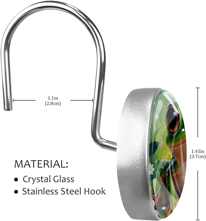 12 Packs Cute Frog Shower Curtain Hooks, Stainless Steel Glass Shower Curtain Rings for Bathroom Decor, Metal Rustproof Curtain Rod Hooks