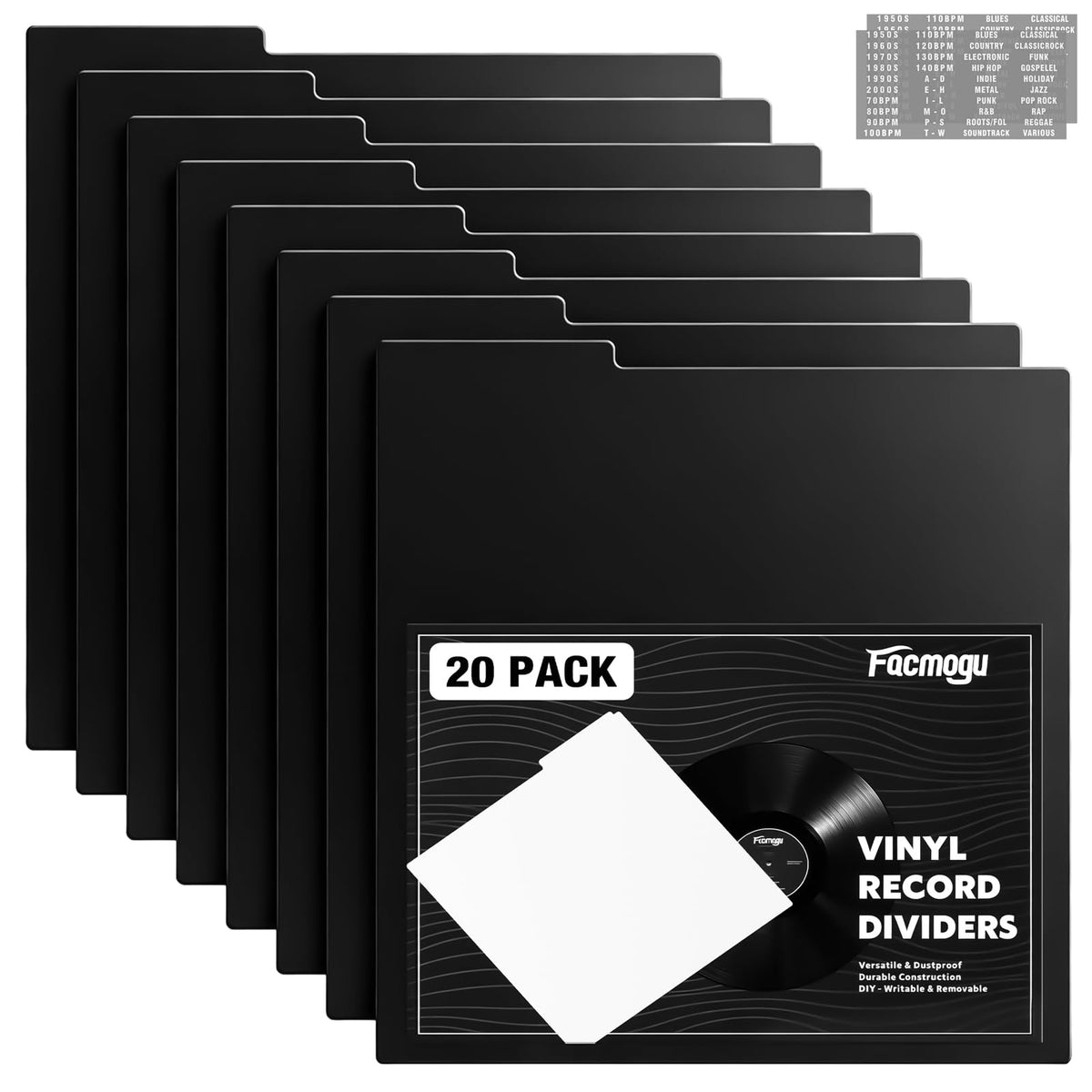 Facmogu 20PCS 12 Inch Black Vinyl Record Dividers for LP Albums - Image 1