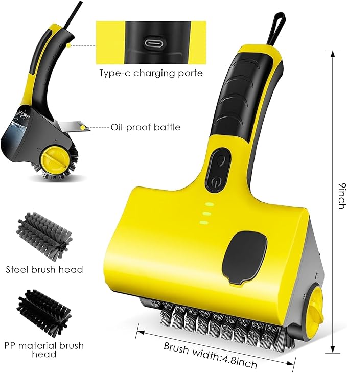 Electric BBQ Brush, Cordless BBQ Brush, Electric BBQ Cleaning Brush with Liquid Box, with 2 Adjustable Speed 360° Rotating Heads, Two Replaceable Heads for BBQ Bathroom Kitchen