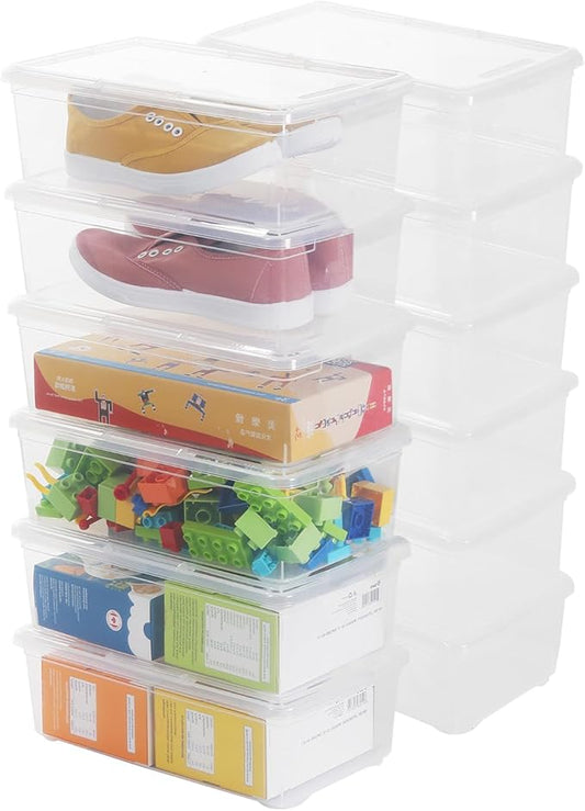 Shoe Storage Box Clear Plastic Stackable Storage box with Lid Durable Closet Containers for Shoes, Crafts and Art Supplies (12 Pack-6Qt)