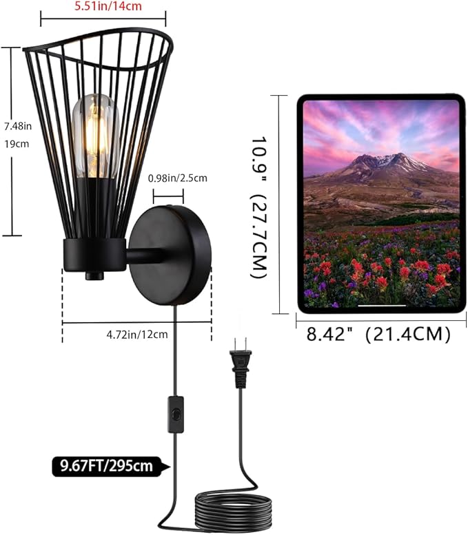 Plug in Wall Sconce Indoor Large Industrial Wall Sconces Farmhouse Wall Lamp with Plug in Cord Vintage Black Wall Lights with On/Off Switch Wall Light Fixture for Living Room Bedroom Rustic