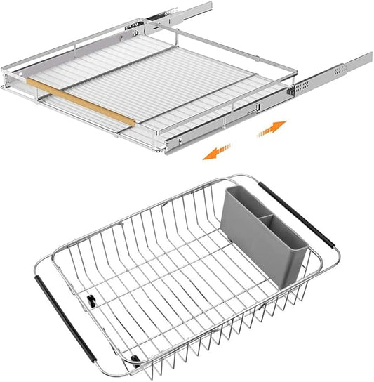SANNO Expandable Pull Out Drawer Organizer and Storage for Kitchen Organization, Over The Sink Expandable Dish Drying Rack, Dish Drainer, Dish Rack Dish Drainer Rack, Stainless Steel