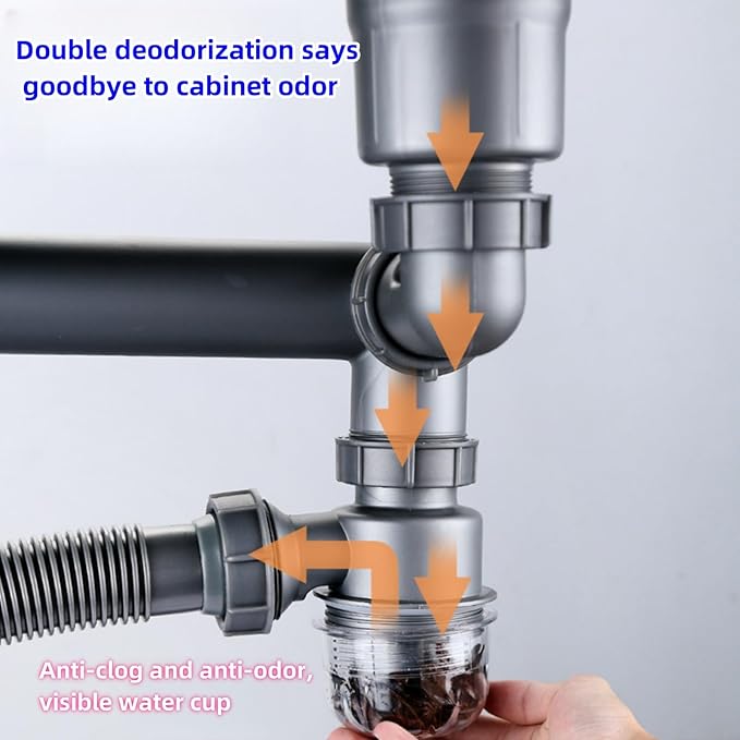 Double Sink Drain Kit Space Saving Kitchen Sink Drain Kit Expandable Flexible 1 1/2" P-Trap Pipe 3-1/2 Inch Sink Drain Assembly Kit with 4-Way Fitting Adapter for Dishwasher