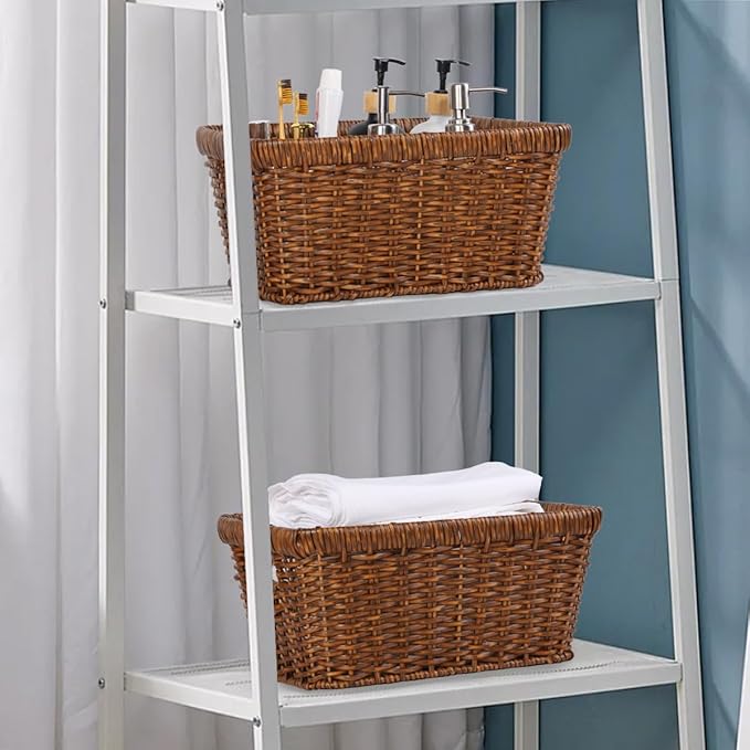2pcs Wicker Storage Basket for Shelf, Waterproof Large Storage Baskets Bins with Handles, Stackable Rectangle Baskets for Shelves, Closet, Pantry, Laundry Organizing, Toffee