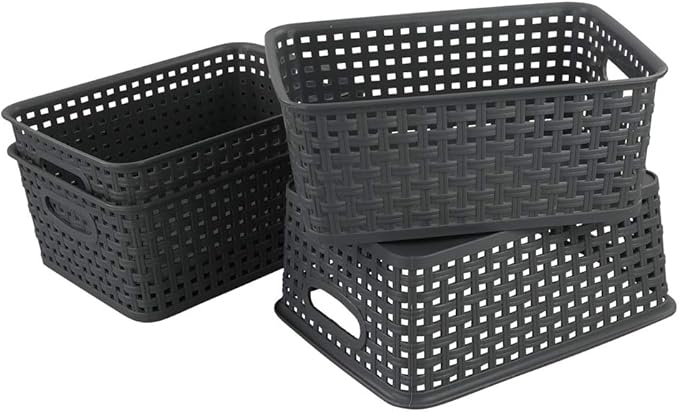 4-Pack Gray Plastic Small Storage Baskets, 10" x 7.7" x 4"