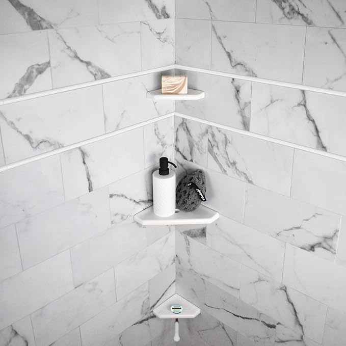 Questech 10" Corner Shower Shelf, Retrofit Shower Organizer for Tiled Walls, Corner Caddy Soap Dish Bathroom Storage, Geo Flatback, White Polished