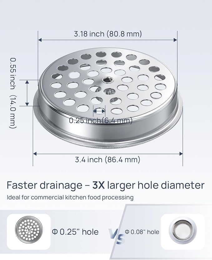 Commercial-Grade Sink Drain Strainer for 3-1/2" Drain, Shallow Basket Strainer Food Catcher, Waste Drain Lever Cover, for Kitchen Utility Industrial Sink, Larger Drain Hole, 304 Stainless Steel