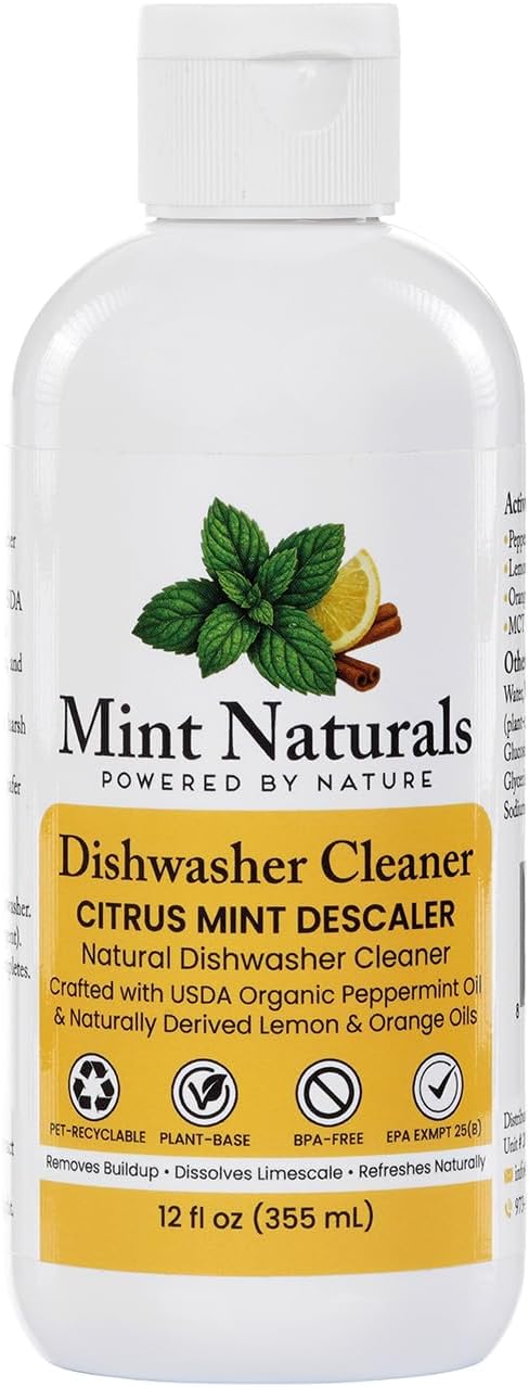 Natural Dishwasher Cleaner & Degreaser Liquid – USDA Organic Peppermint Oil Formula That Helps Remove Limescale, Grease & Odor, 12 oz – Made in USA by Mint Naturals