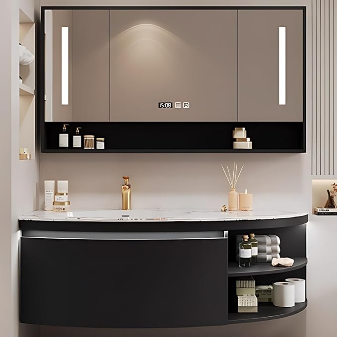 40IN Floating Bathroom Vanity, Wall Mounted Wood Sink Cabinet with Smart Sensor LED Light Strip & Open Style Side Cabinet | LED Lights & Defogging Function, Single Sink Vanities Set (Black)