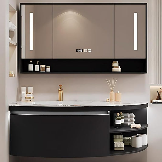 40IN Floating Bathroom Vanity, Wall Mounted Wood Sink Cabinet with Smart Sensor LED Light Strip & Open Style Side Cabinet | LED Lights & Defogging Function, Single Sink Vanities Set (Black)