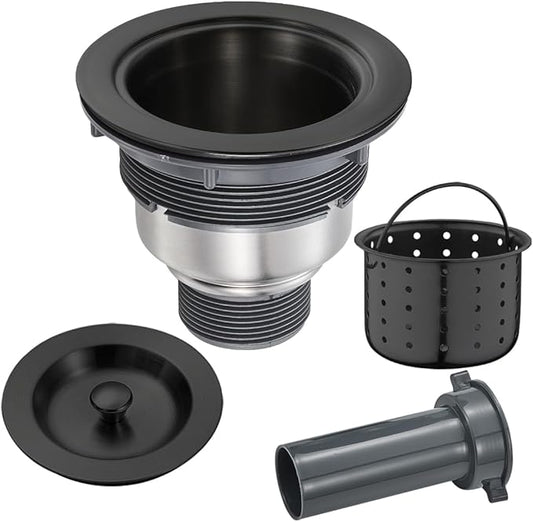 POPFLY 3-1/2 Inch Sink Drain Assembly Brushed 304 Stainless Steel Removable Deep Strainer Basket, Rust-Proof & Easy Install with Sealing Lid＆Tailpiece, for Home/Bathroom/Commercial Sinks, Black