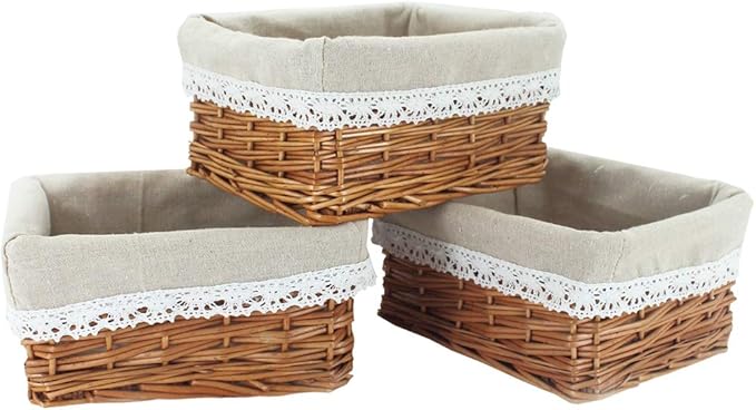 KINGWILLOW Wicker Storage Basket with Liner 3pcs Small Willow Rectangular Handmade Basket for Sundries neatening, (3pcs)
