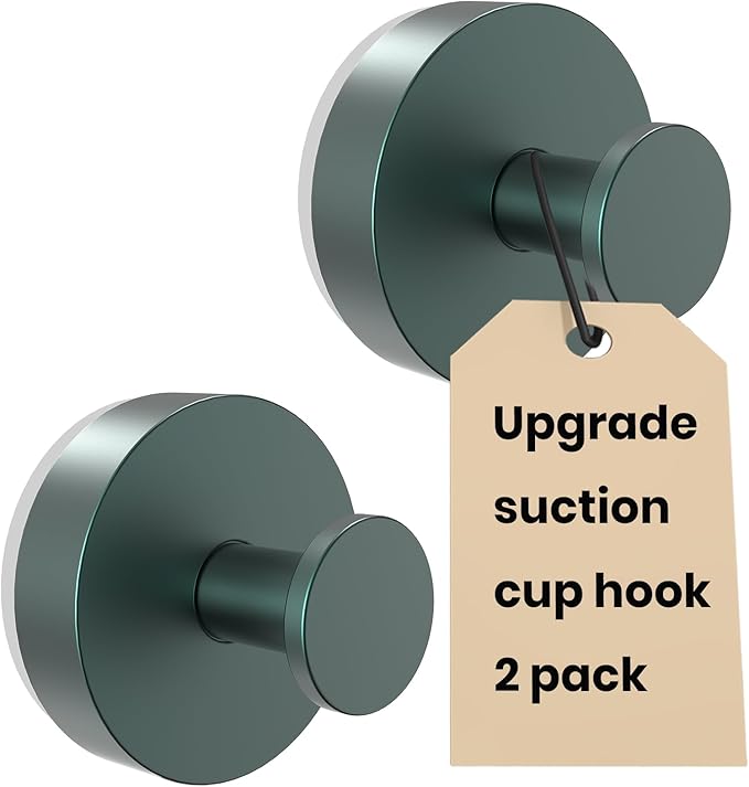 Vacuum Suction Cup Hooks for Shower 2 Pack, Heavy Duty Aluminum Alloy Towel Hooks for Bathroom Kitchen Glass Tile Mirror Wall No Drill Removable Robe Loofah Coat Suction Hooks Hanging-Green