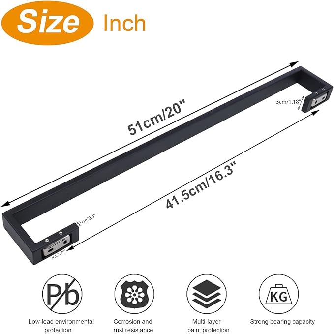 TocTen Bath Towel Rack - Square Base Thicken SUS304 Stainless Steel Towel Bar for Bathroom, Bathroom Bar Accessories Towel Rod Heavy Duty Wall Mounted Towel Holder (Matte Black, 20 Inch)