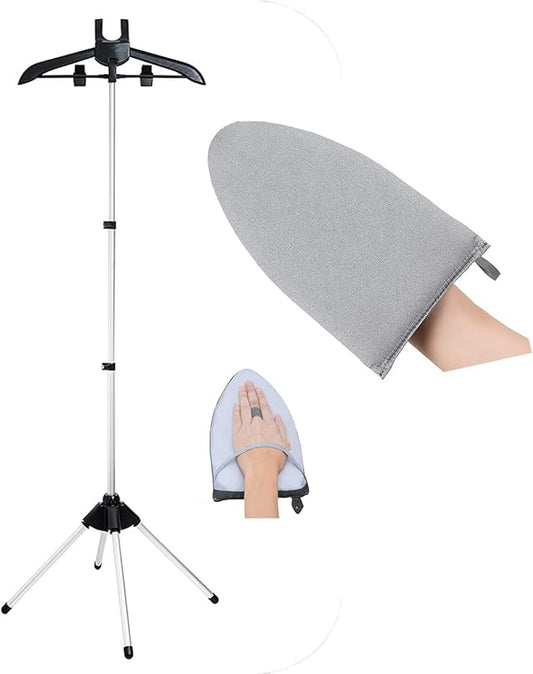 Clothes Steamer Stand Hanger with Steamer Ironing Glove for Steaming Clothes, Handheld Garment Steamer Rack with Grey Mini Handhelded Ironing Pad Board