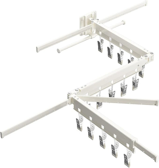 Clothes Drying Rack,2025 New Upgraded Laundry Drying Rack, Sturdy Wall Mounted Clothes Rack,with Additional 4 Branches and 20 Clips,Collapsible,Retractable,Ideal for Patio,Laundry,Bathroom