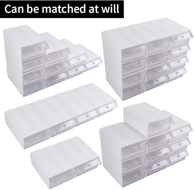 12 Pcs Drawer Stackable Storage Cabinet, White Plastic Organizer with Drawers & 36 Pcs Clear Dividers Organizer Rack & 48 Pcs Tag Card & 24 Pcs Non-slip Stickers for Home Office School