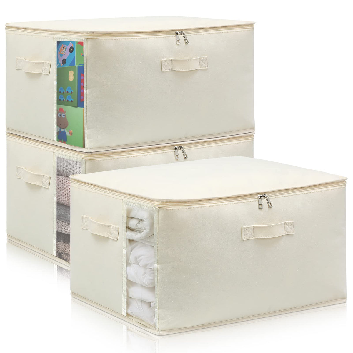 3 Pack Canvas Comforter & Blanket Storage Bags with Clear - Image 1
