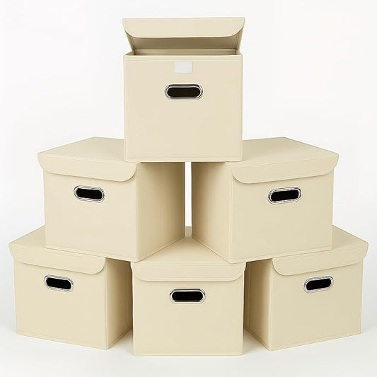 Closet Organizers Fabric Storage Bins With Lids Collapsible Cube Storage Organizer Basket With Handles,Storage Boxes for Clothes Storage,Office,Laundry,Shelves,6 Pack,（Creamy-White
