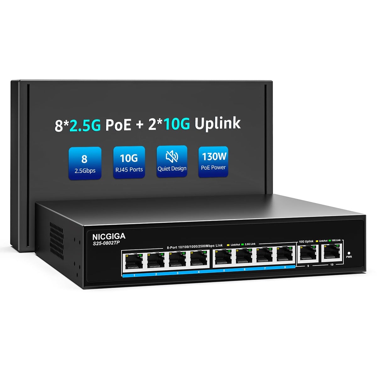 8 Port 2.5Gb PoE (130W) + 2 Port 10Gb RJ45 Network Switch - Image 1