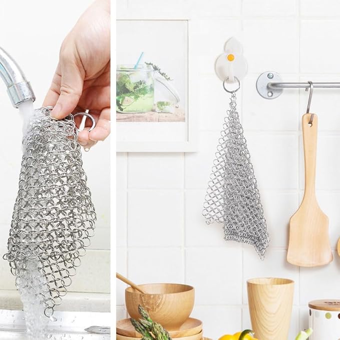 8 * 8in/20.3 * 20.3cm Square Cast Iron Scrubber, 316 Stainless Steel Scrubber Steel Wool Scrubber, Chain Mail Scrubber Cast Iron for Cleaning Dishes, Stock Pots, Cast Iron Skillets