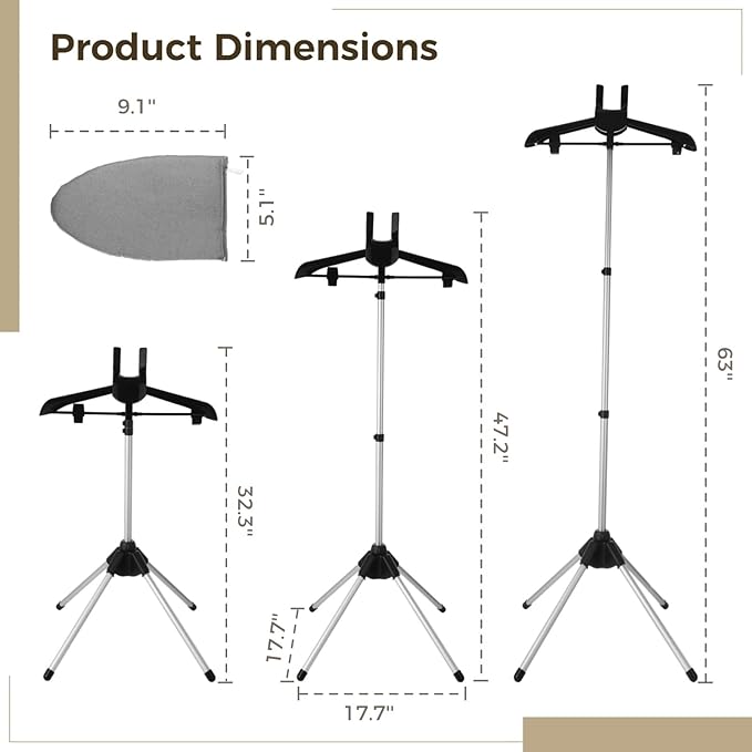 Steamer Stand for Clothes,Includes Handheld Ironing Board, Foldable Clothes Stand with Adjustable Height, 4-Leg Garment Hanger Frame for Steaming Drying Shirts, Suits, Dresses