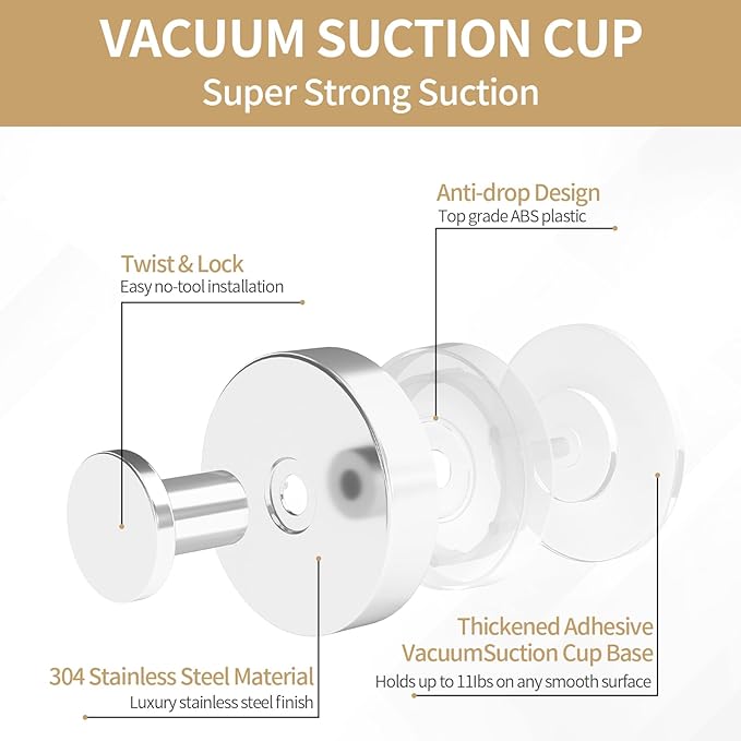 Suction Cup Hooks for Shower, Heavy Duty Towel Hooks for Walls No Damage, Modern Shower Suction Hooks for Kitchen Bathroom Wall, Glass, Mirror, Tile, Hanging Towels Robes, Chrome (2 Pack)