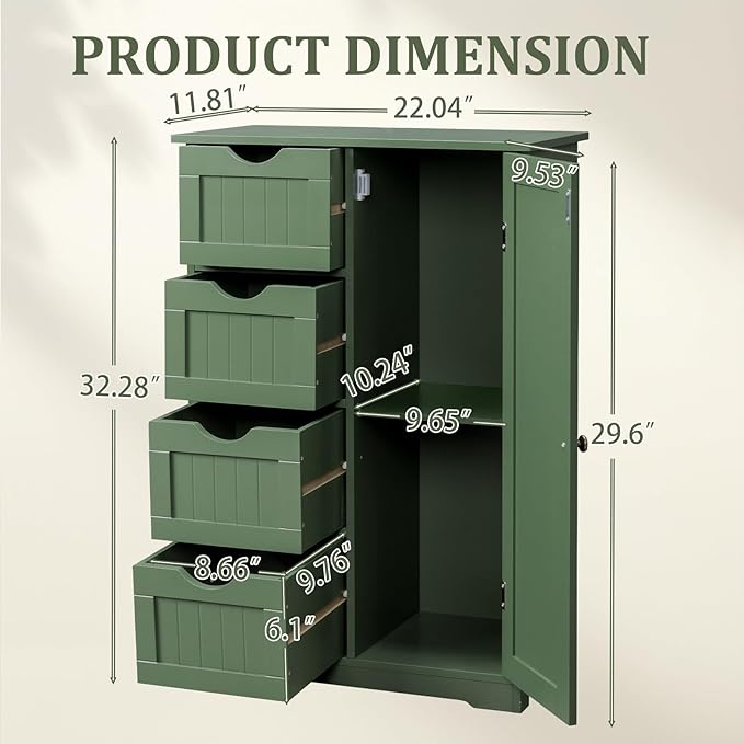 Karl home Freestanding Bathroom Floor Cabinet, Narrow Slim Skinny Storage Unit with 4 Drawers & 1 Cupboard, Towel Organizer for Bathroom, Compact Bath Storage, Forest Green