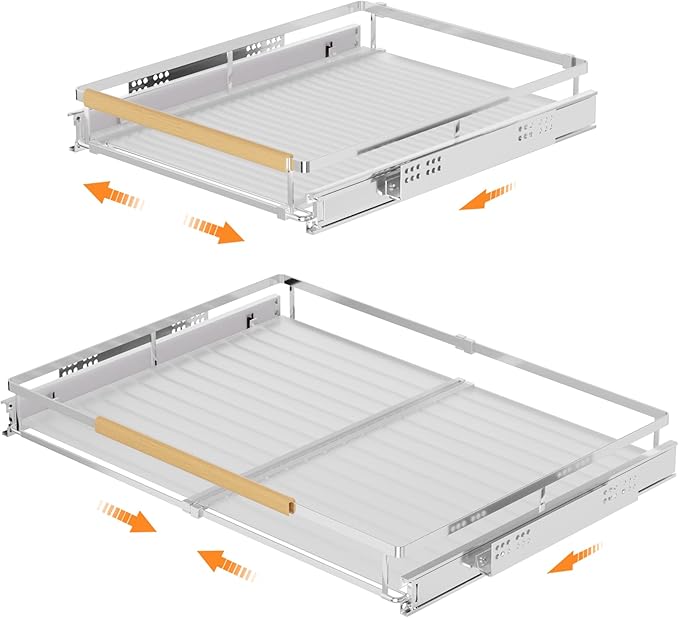 SANNO Expandable Pull Out Cabinet Shelf,Under Sink Slide Out Cabinet Organizer, Pots Pans Kitchen Organizer Basket Dish Drying Rack with Stainless Steel Utensil Holder Large Dish Rack Drainer