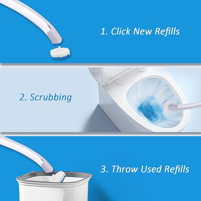 Disposable Toilet Brush and Holder Set with 16 Refills, Toilet Bowl Brush Cleaner Long Handle Wand, Compact Bathroom Toilet Scrubber Cleaning Supplies Wall Mounted for Bath Tub Sink Washbasin, White