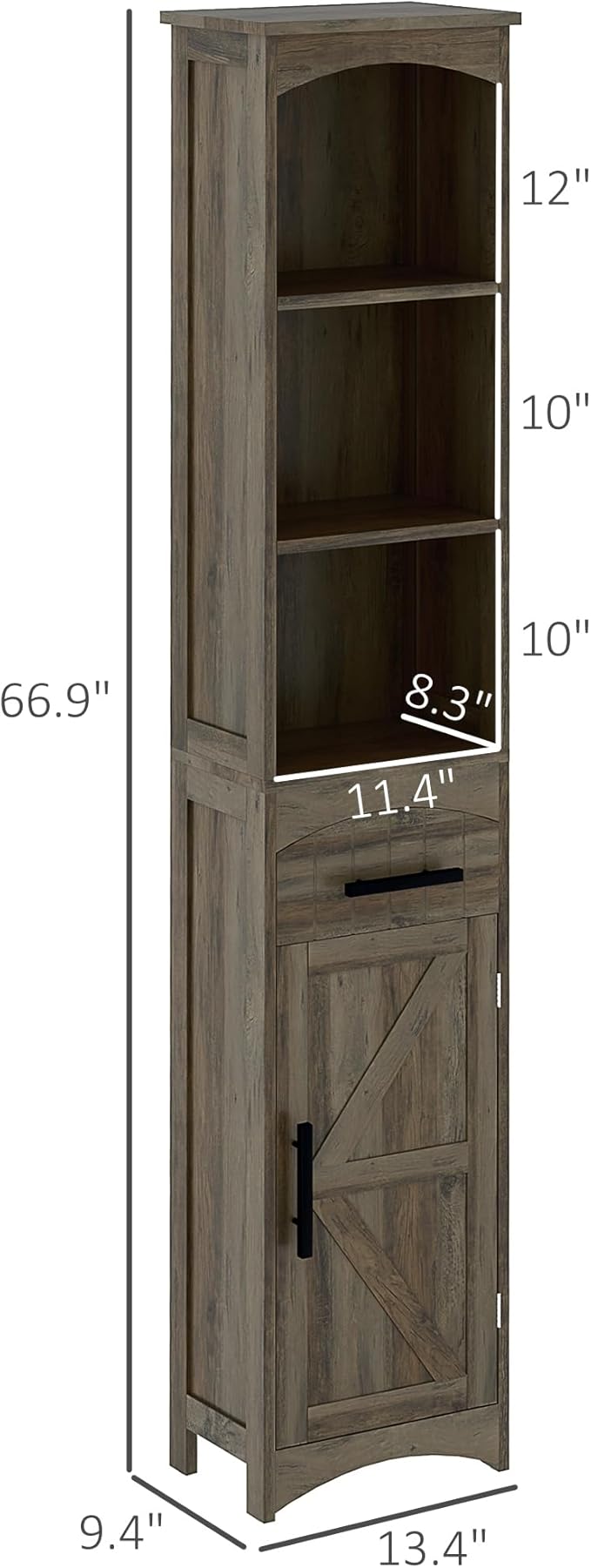 HOMCOM Tall Bathroom Storage Cabinet, Farmhouse Narrow Bathroom Storage Cabinet with Recessed Drawer and Barn Door, Linen Cabinet, Weathered Gray Oak
