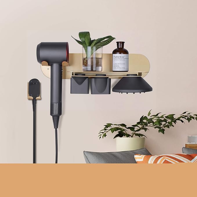 FLE Hair Dryer Holder Wall Mounted with Shelf - Hair Dryer Holder Rack Organizer Compatible for Dyson Supersonic Hair Dryer,Gold