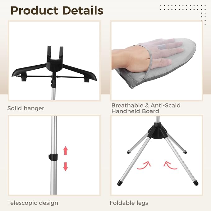 Steamer Stand for Clothes,Includes Handheld Ironing Board, Foldable Clothes Stand with Adjustable Height, 4-Leg Garment Hanger Frame for Steaming Drying Shirts, Suits, Dresses
