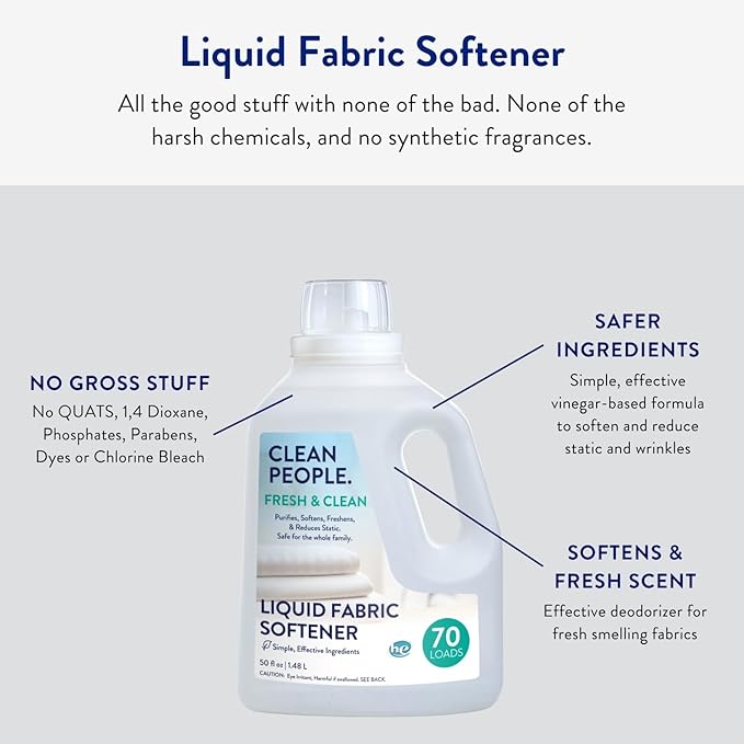 Clean People All Natural Liquid Fabric Softener - Plant-Based, Eco Friendly - Naturally Softens & Removes Static Cling - Vegan - Fresh Scented Laundry Softener - 100 fl oz - 140 loads