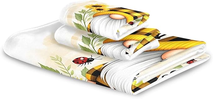 Pfrewn Gnome Sunflower Flowers Towels Set of 3 Bee Plaid Spring Bathroom Towel Soft Absorbent Bath Hand Towels Washcloth Guest Towel Sets Bathroom Decorations