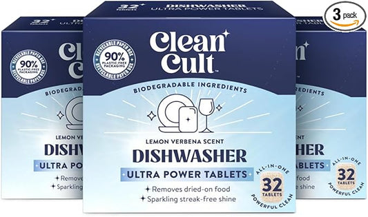 Cleancult Ultra Power Dishwasher Detergent Pods for Sparkling Streak-Free Shine, All-In-One, No Plastic Waste, 96 Count